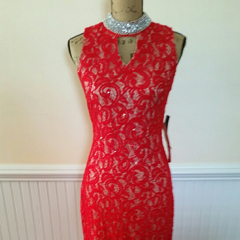 Scarlet red lace overlay/red sequin dress